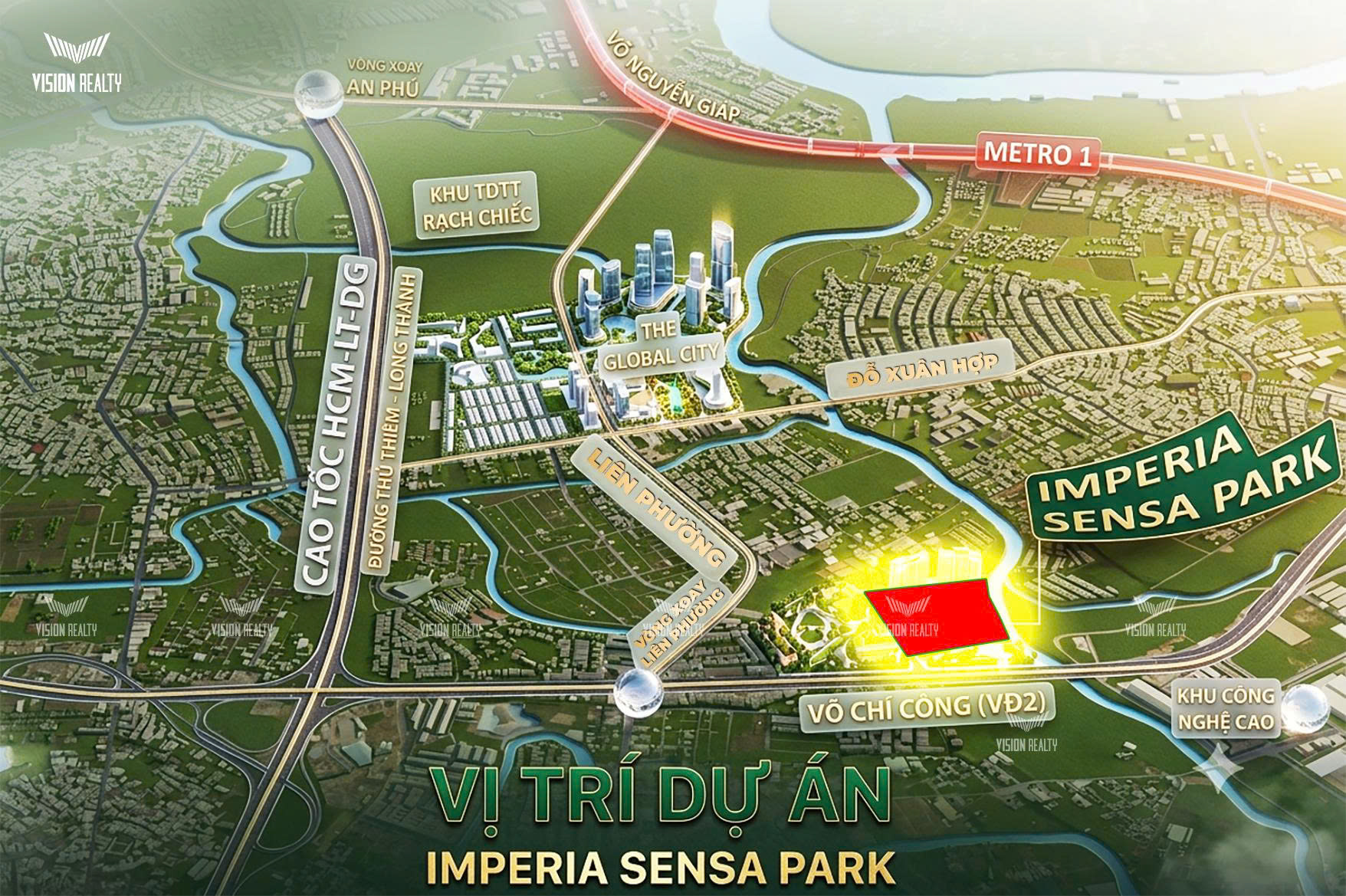 Imperia Sensa Park nằm ngay mặt tiền Võ Chí Công và kết nối trực tiếp với nút giao huyết mạch Liên Phường.