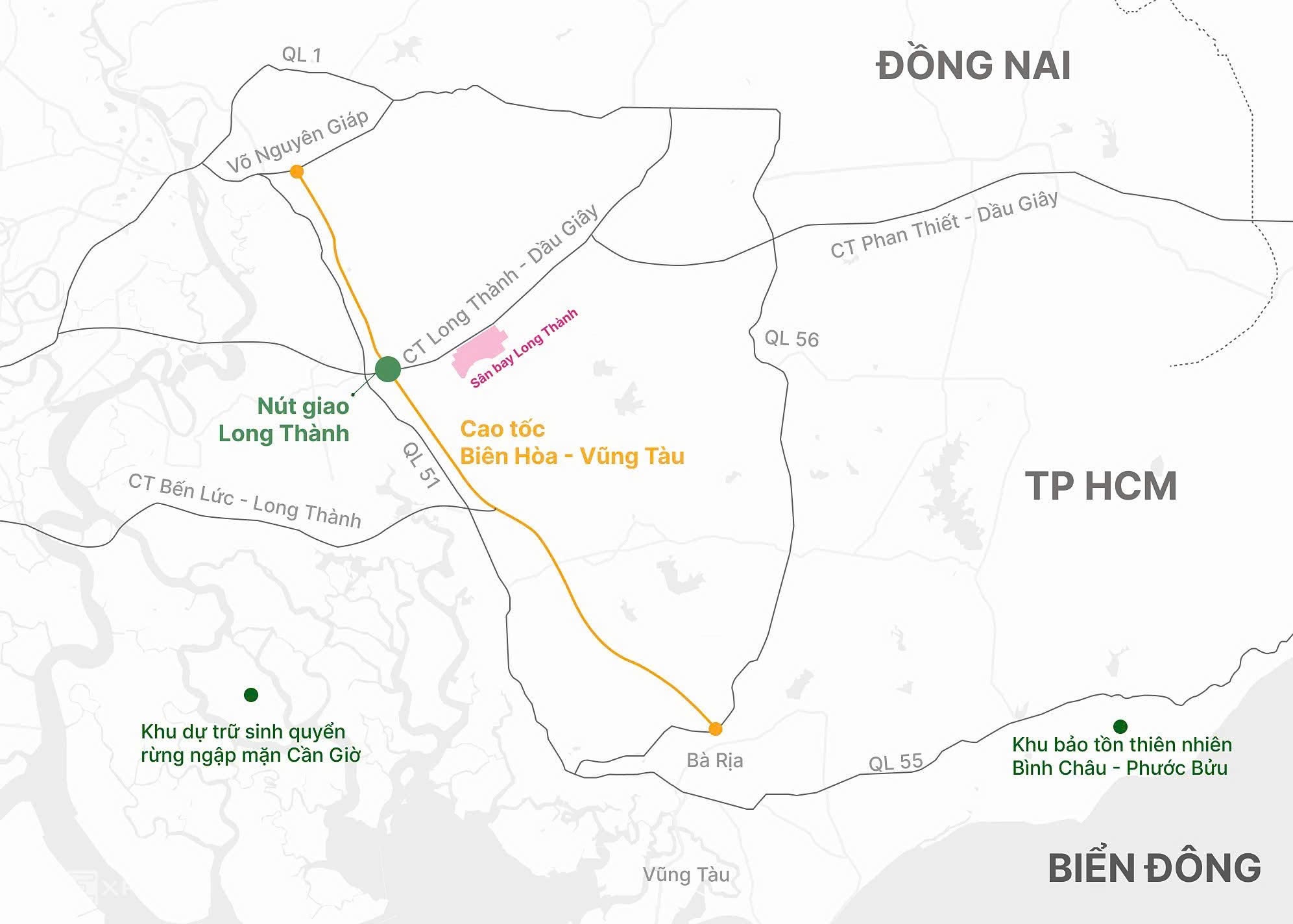 Cao tốc Biên Hòa - Vũng Tàu có tổng mức đầu tư khoảng 17.800 tỷ đồng, chiều dài 53 km, đi qua địa bàn hai tỉnh Đồng Nai và TP.HCM.