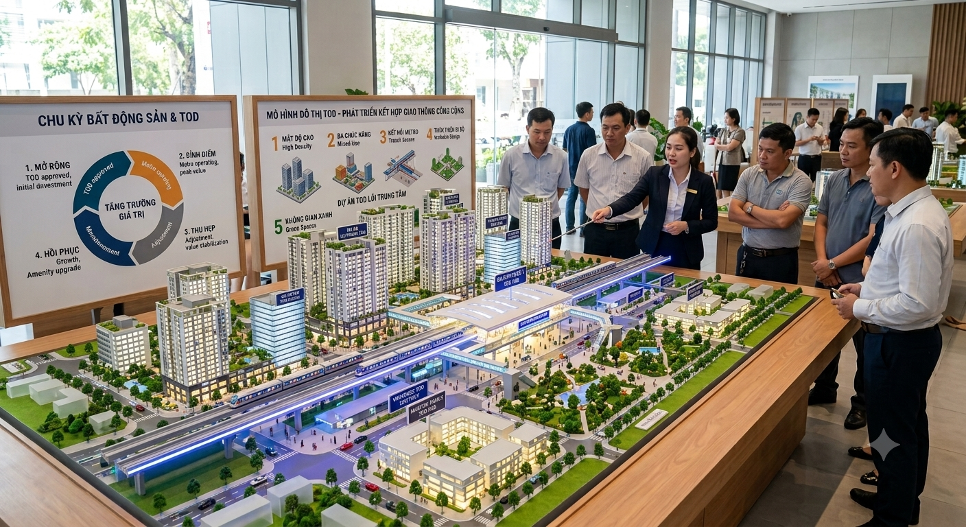 Phối cảnh hạ tầng giao thông hoặc mô hình sa bàn dự án lõi trung tâm. Chu kỳ bất động sản và mô hình đô thị TOD
