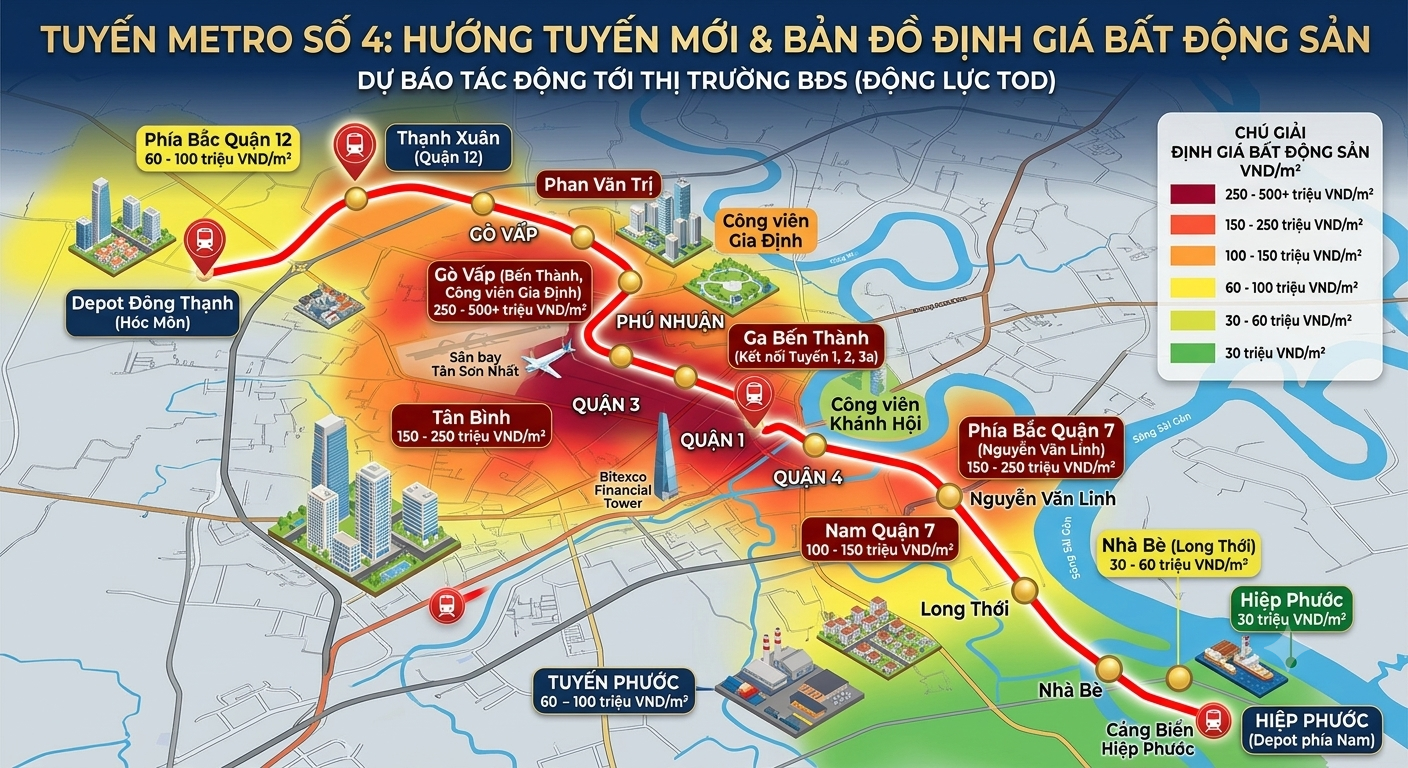 TUYẾN METRO SỐ 4: HƯỚNG TUYẾN MỚI & BẢN ĐỒ ĐỊNH GIÁ BẤT ĐỘNG SẢN