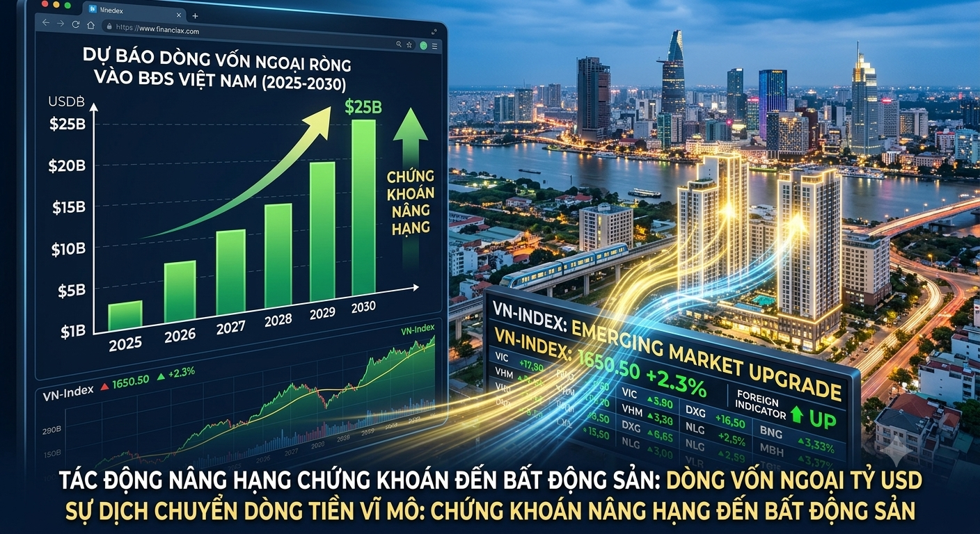 Biểu đồ dòng vốn ngoại hoặc hình ảnh thị trường chứng khoán giao với bất động sản. Tác động nâng hạng chứng khoán đến bất động sản