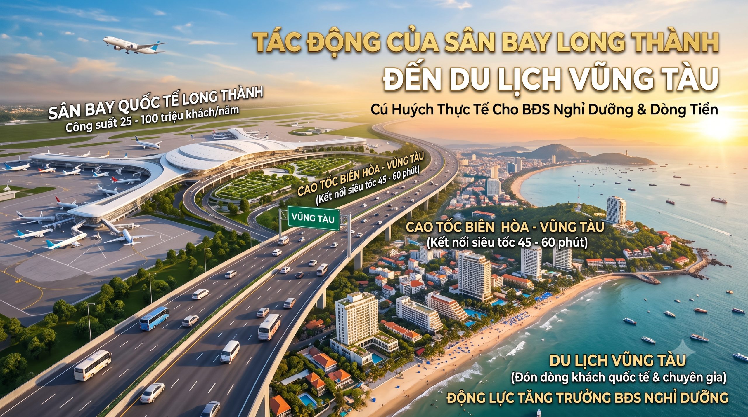 Từ Sân bay Long Thành xuôi theo Cao tốc Biên Hòa – Vũng Tàu kết nối thẳng xuống hành lang biển